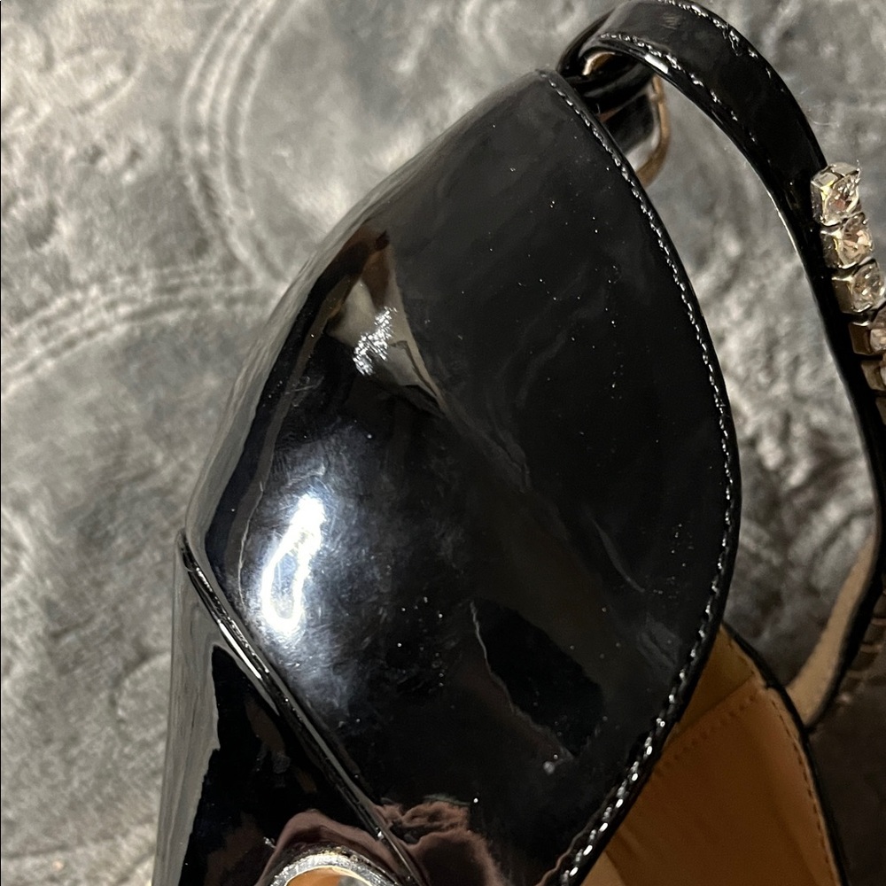 Black Patent Peep-Toe Platform 6 inch Heels with Rhinestone Ankle Strap - Picture 12 of 16